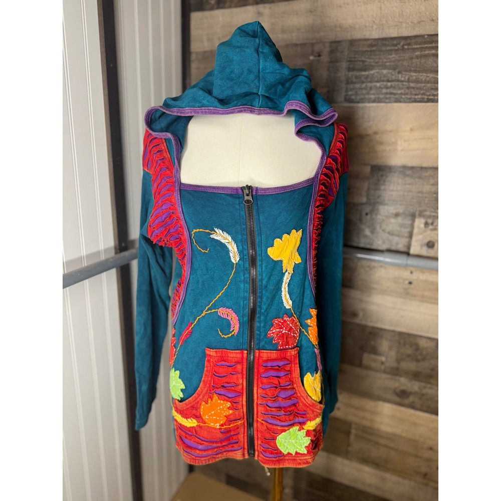Rising International Teal Embroidered Boho Zip Up Hoodie Floral Leaf Slashed